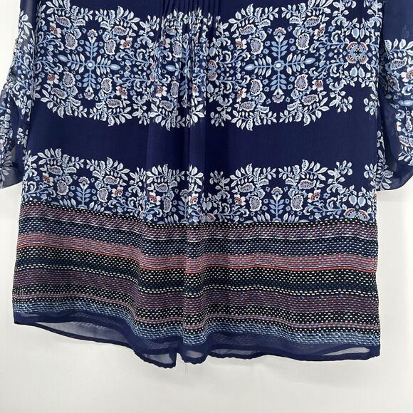 Daniel Rainn Boho Tunic Top Navy Blue Floral Pleated Roll Tab Sleeves Size S - Picture 6 of 8